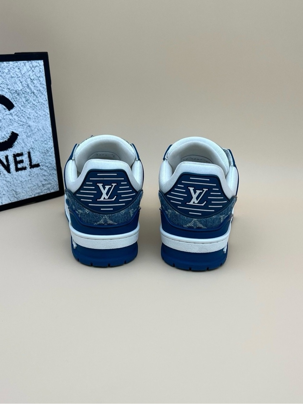 Louis Vuitton White & Navy Monogram Low-Top Sneakers - Picture 3 of 6